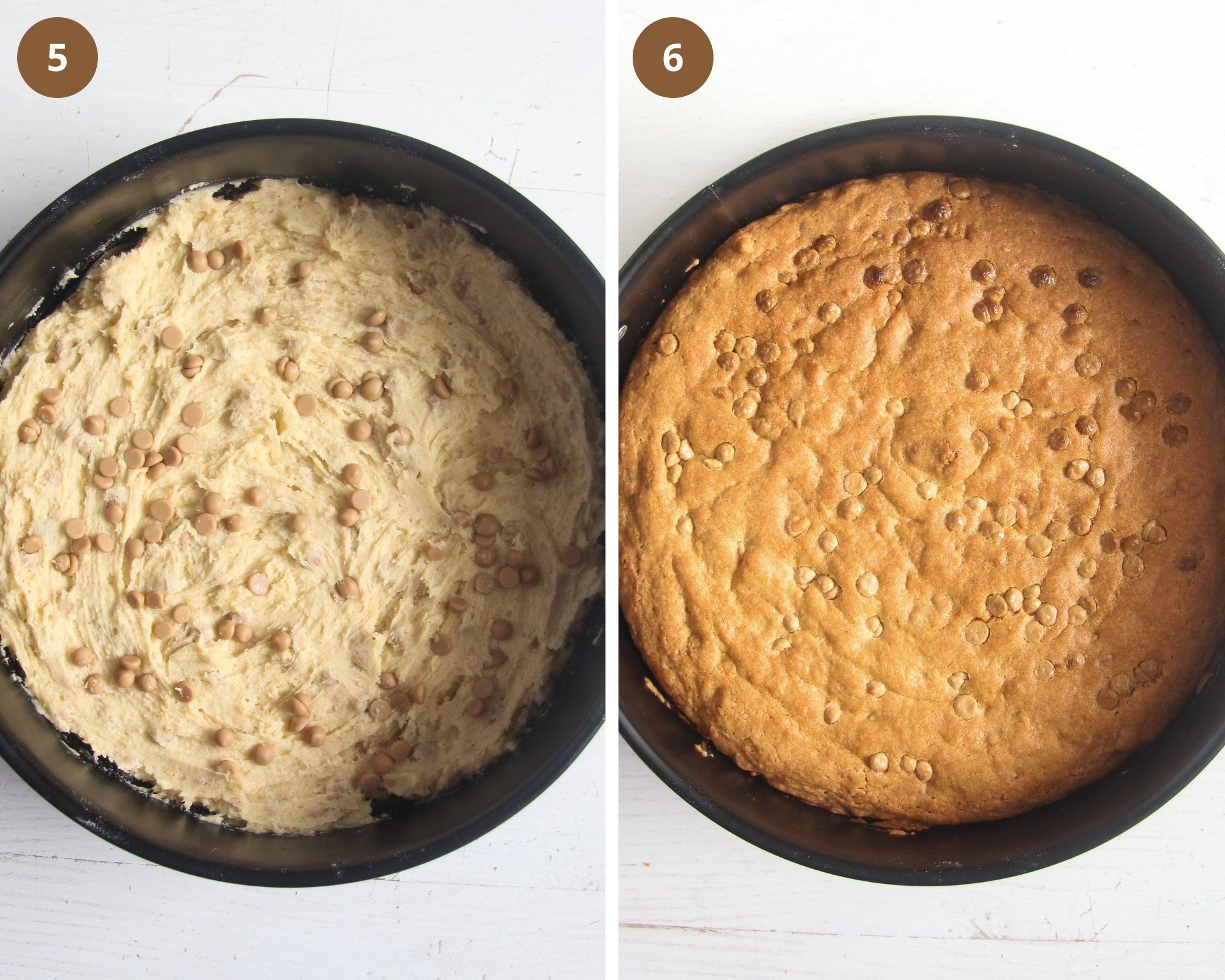 collage of two pictures of cookie cake before and after baking.