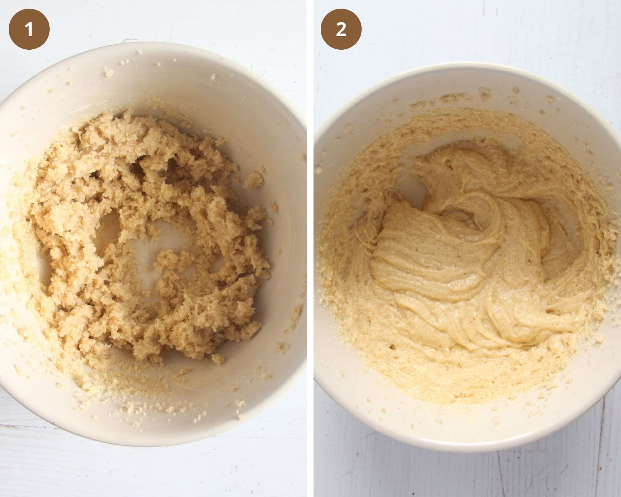 collage of two pictures of stirring butter and sugar and then adding eggs to the batter.