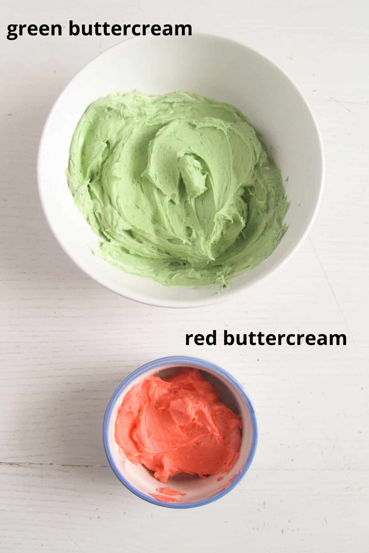 two bowls with green and red buttercream.