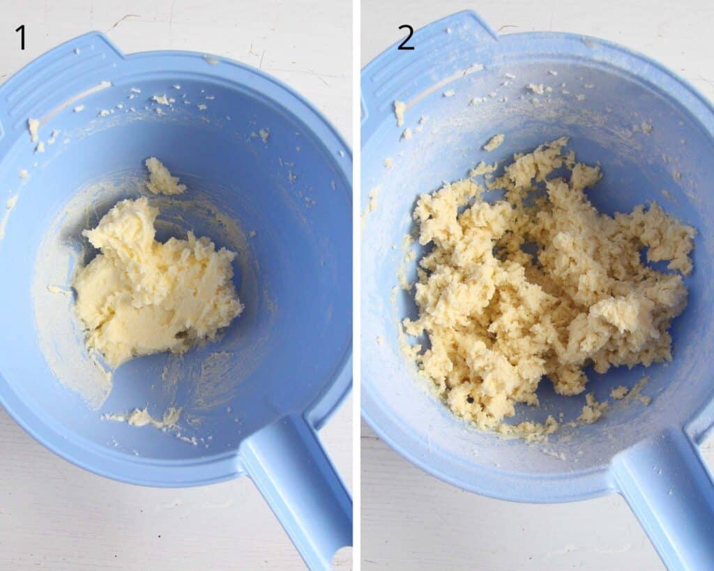 collage of two fotos of making cookie dough in a blue bowl