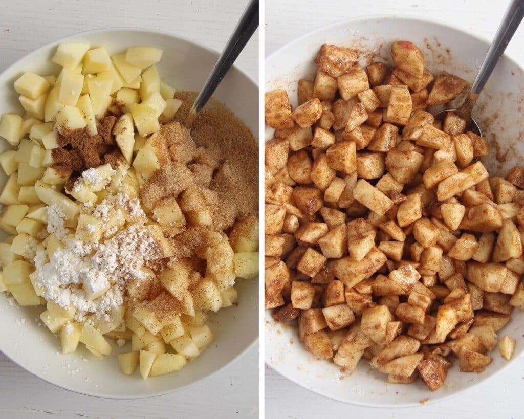 mixing apple cubes, sugar and cinnamon in a bowl