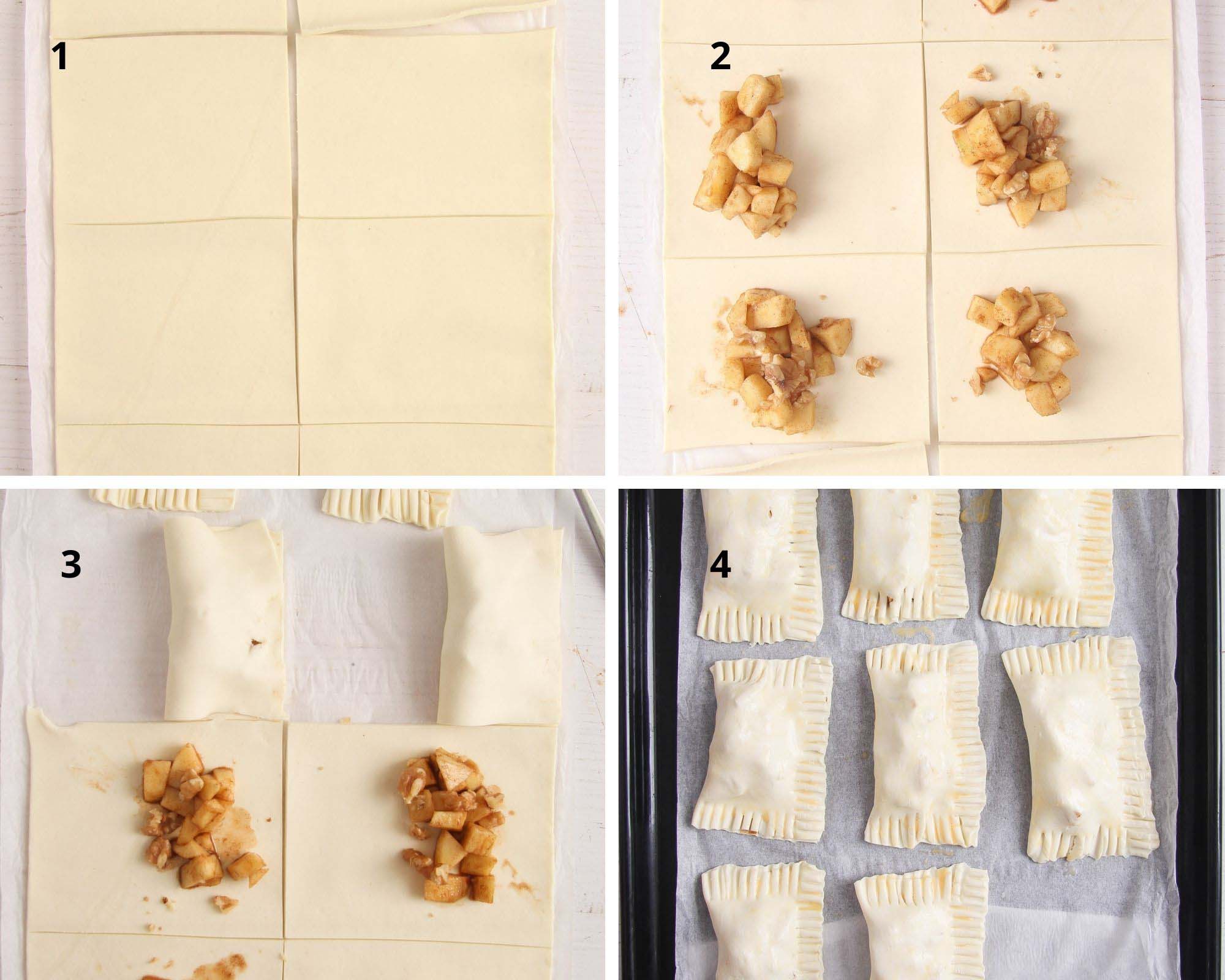 collage of picture showing how to cut and fill dough for pastry squares