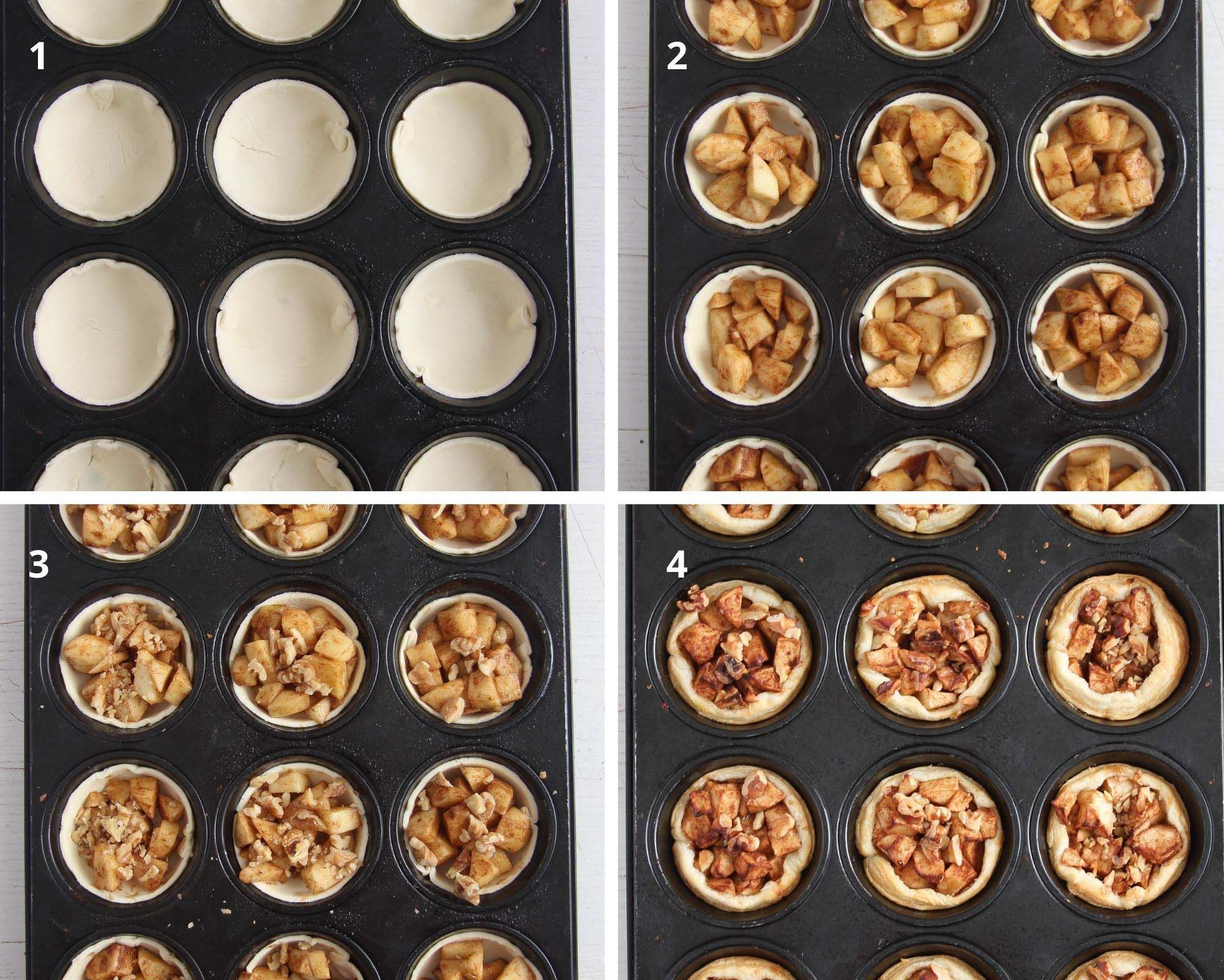 collage of four pictures showing how to make apple pies in muffin tin