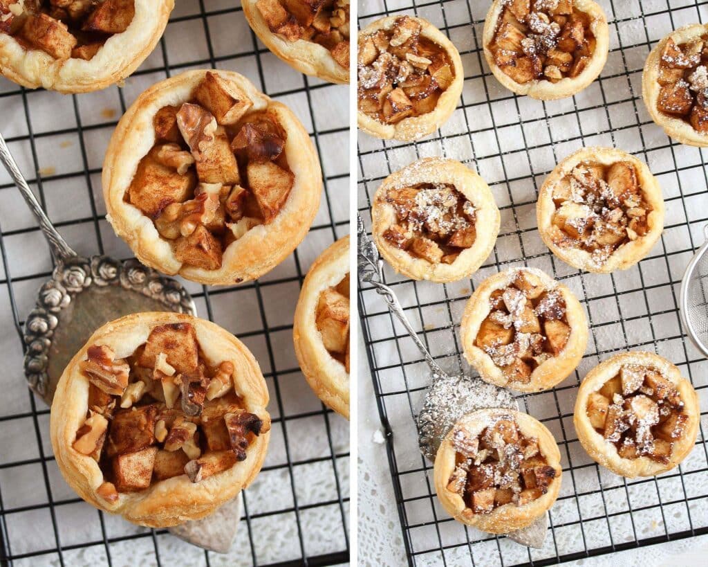 collage of two pictures of mini apple walnut pies on a wire rack