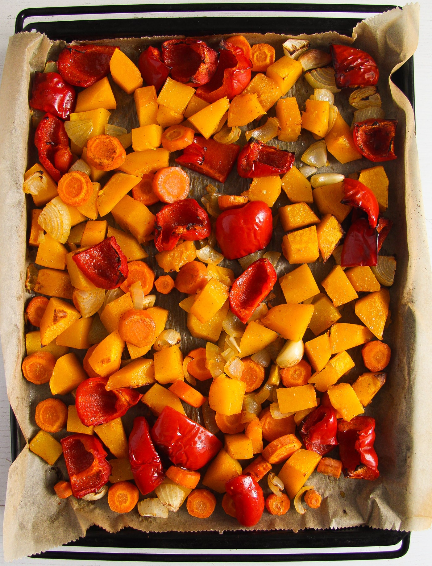 vegetable chunks roasted on a large baking tray
