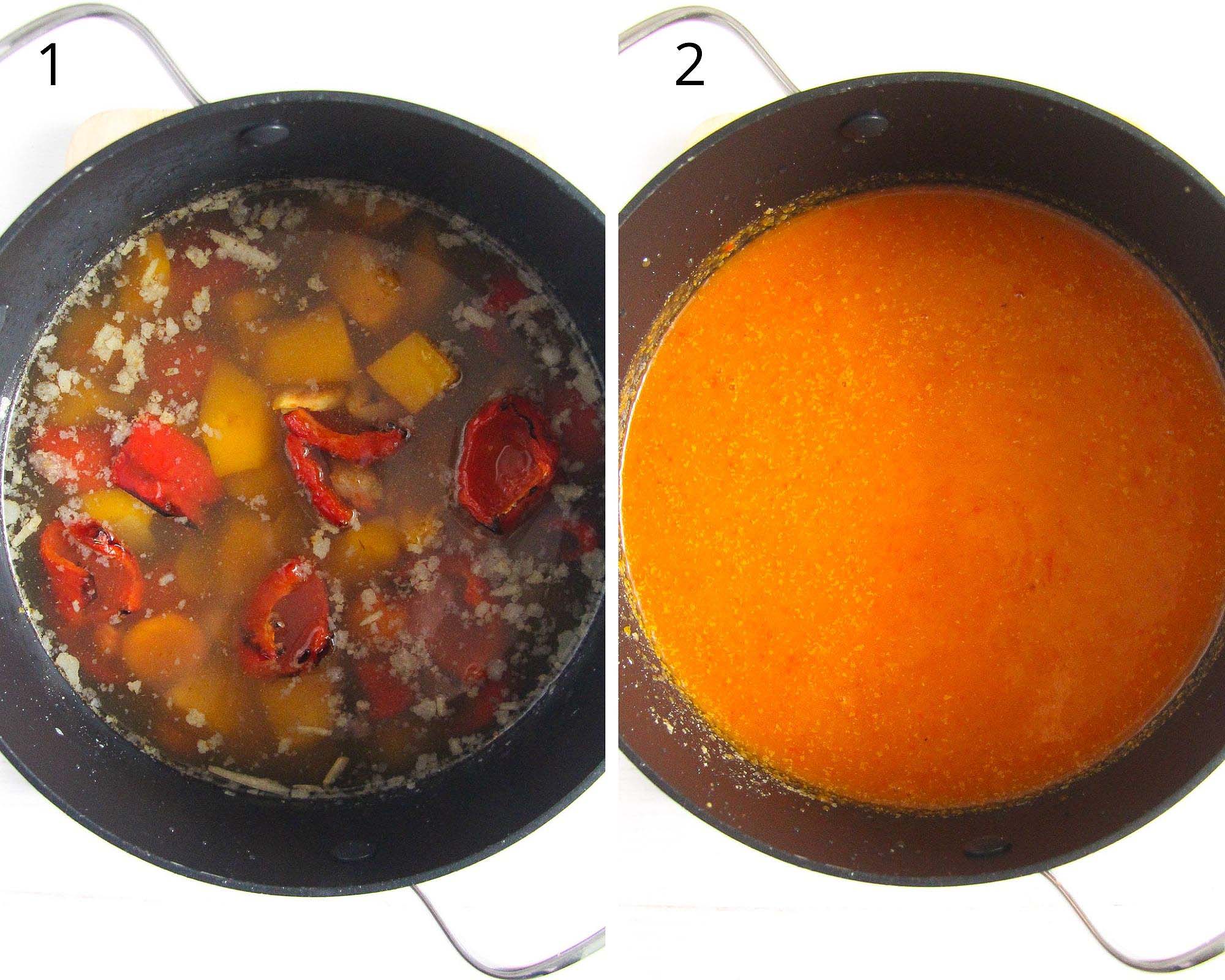 collage of two pictures with soup vegetables before and after blending