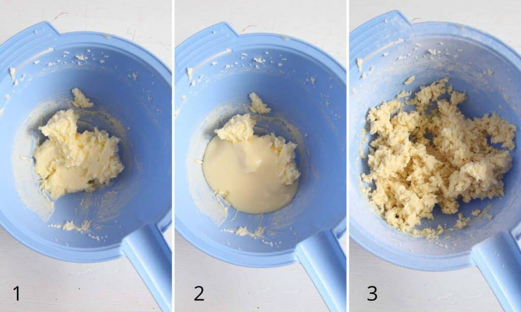 collage of three pictures showing how to stir cookie dough