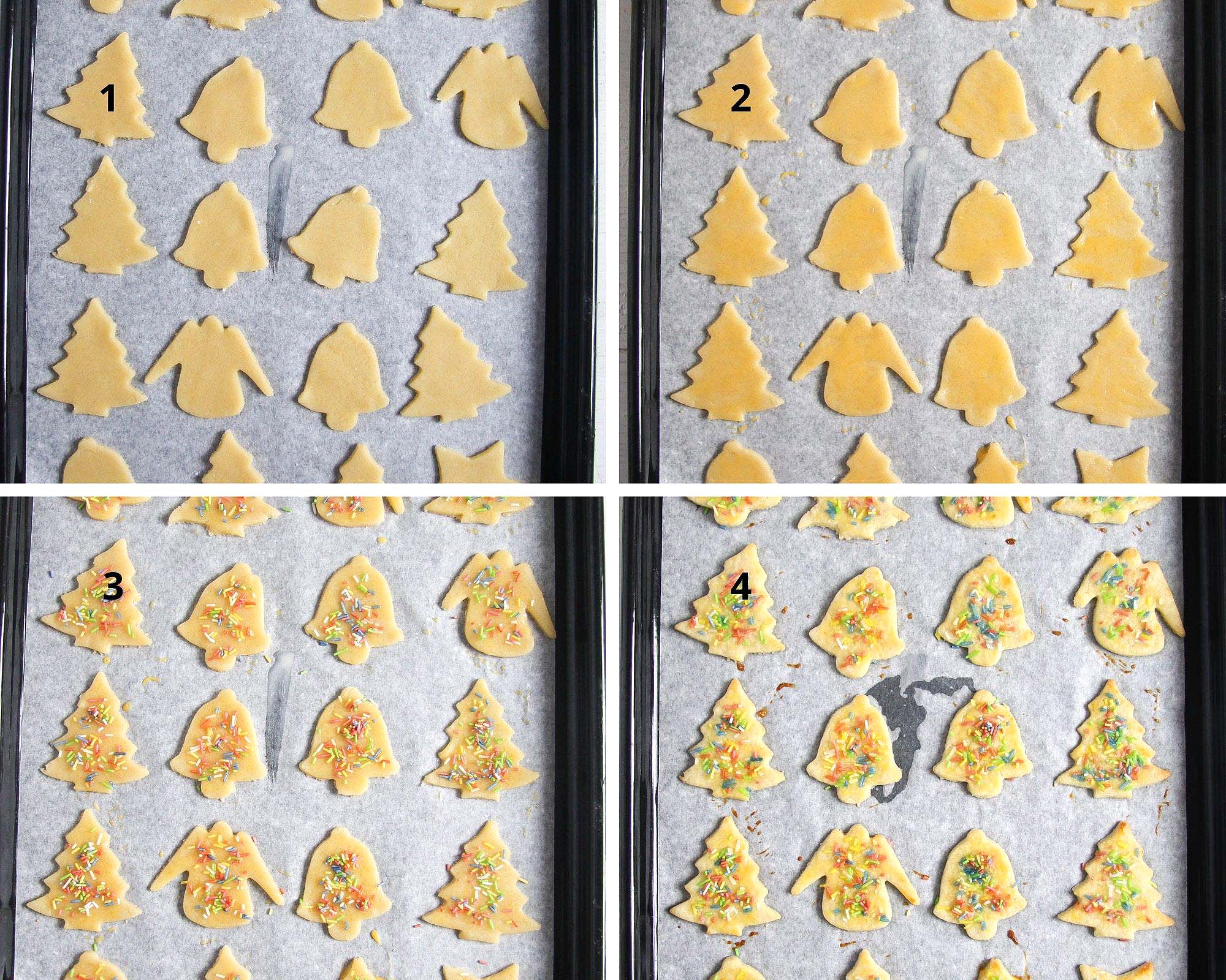 collage of four pictures of unbaked and baked cookies on a tray