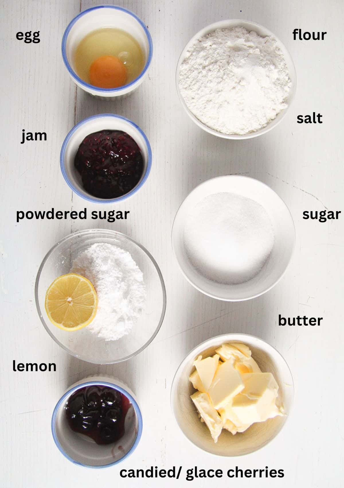 labeled ingredients for making empire biscuits.