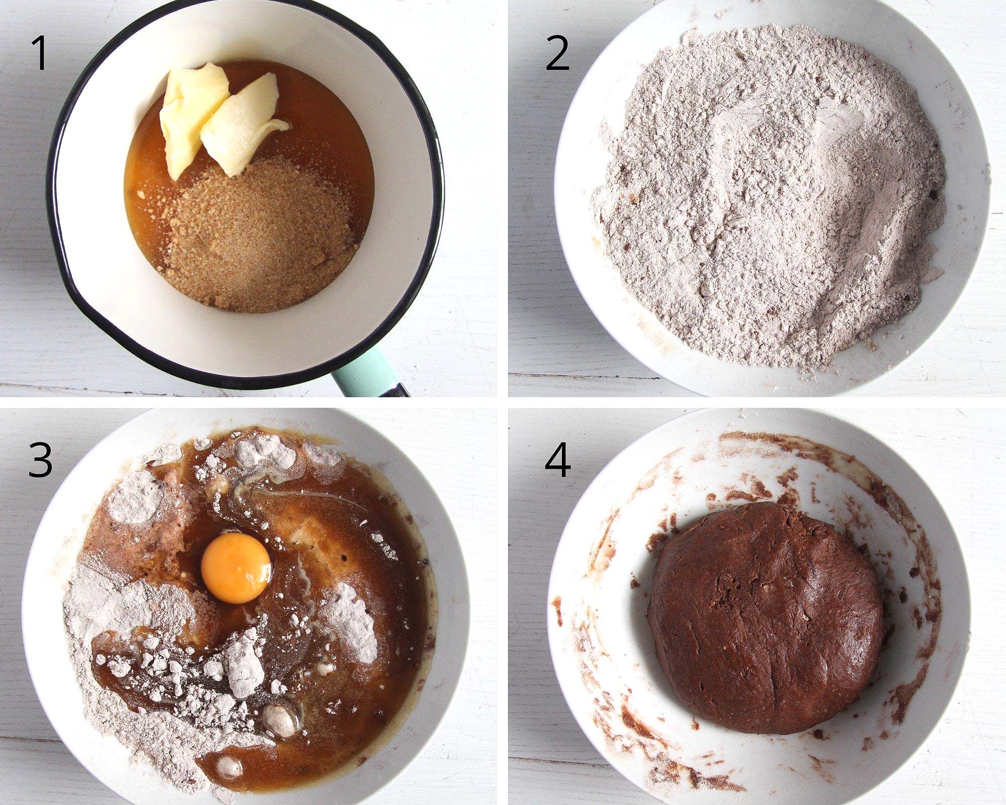 collage of four pictures showing how to mix gingerbread dough