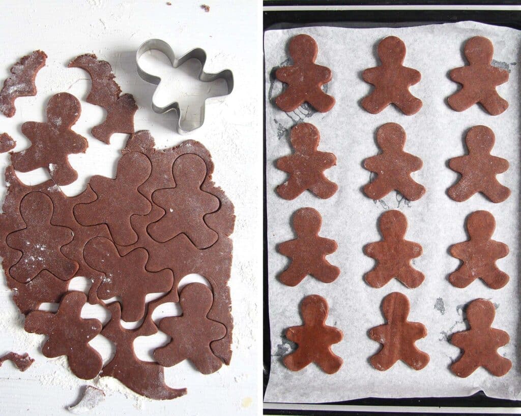 collage of two pictures showing how to cut gingerbread men