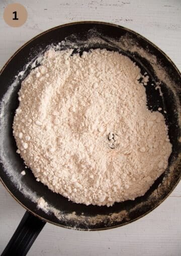 toasting the flour needed to make polvorones in a pan.