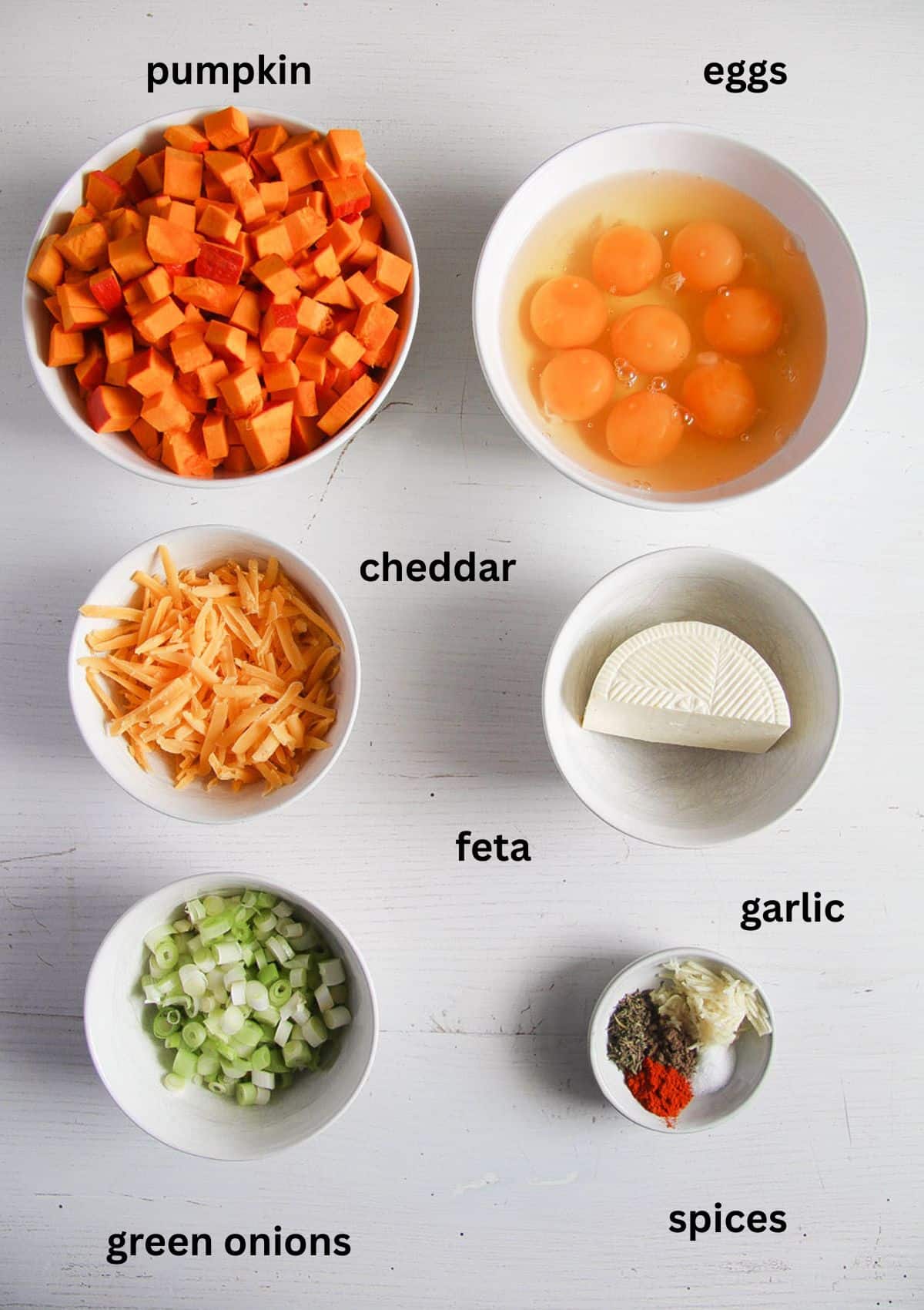 labeled ingredients for frittata with pumpkin, eggs, cheddar, feta, green onions, garlic and spices.