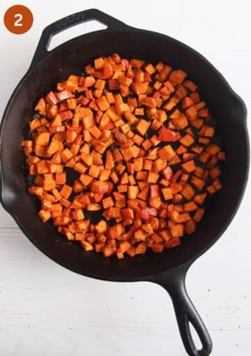 small pumpkin pieces in a skillet cooked for making frittata.