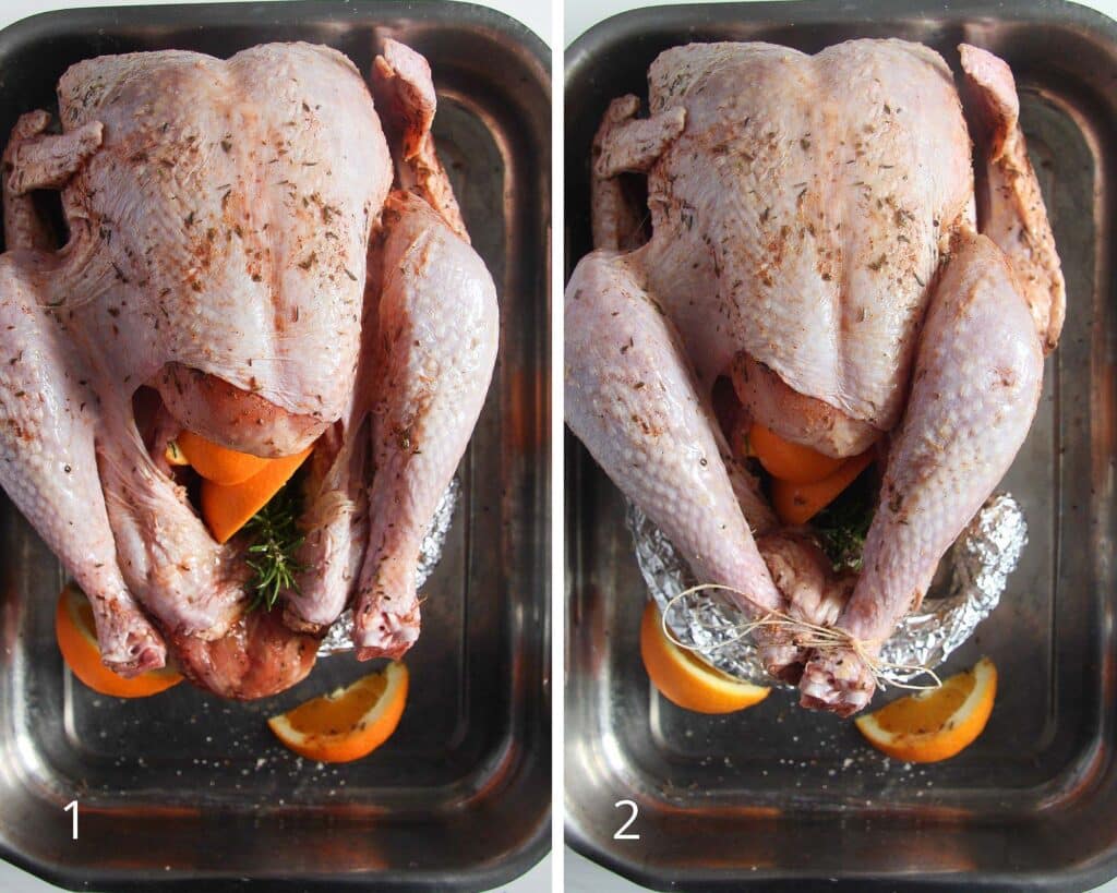 collage of two pictures of raw poultry filled with oranges