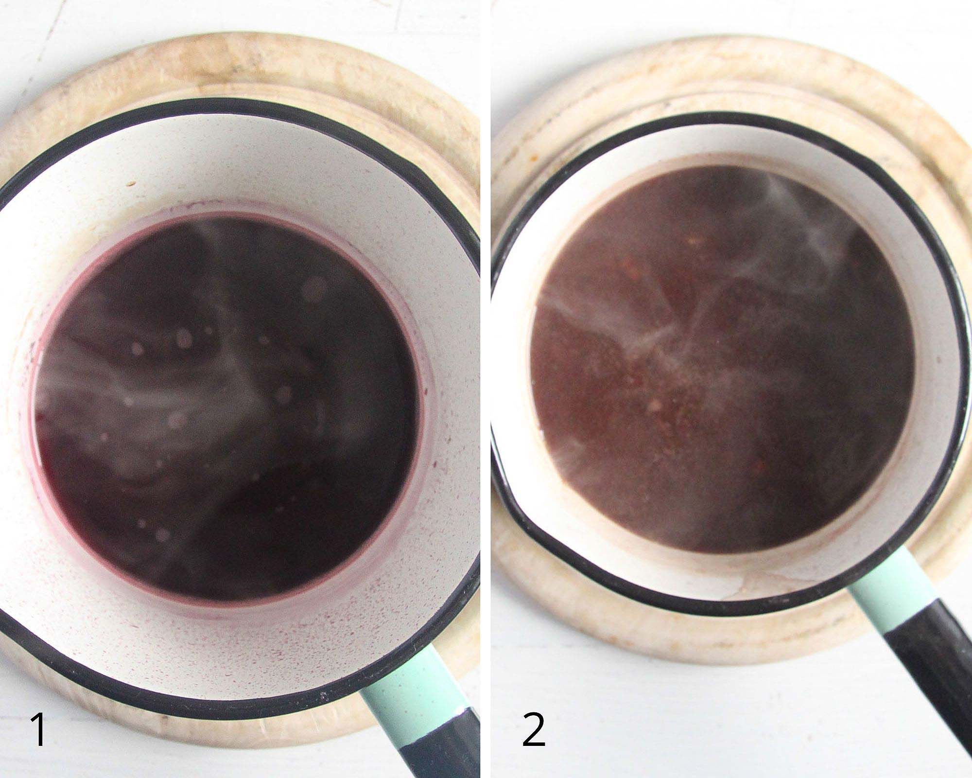collage of two pictures of making red wine gravy in a small saucepan