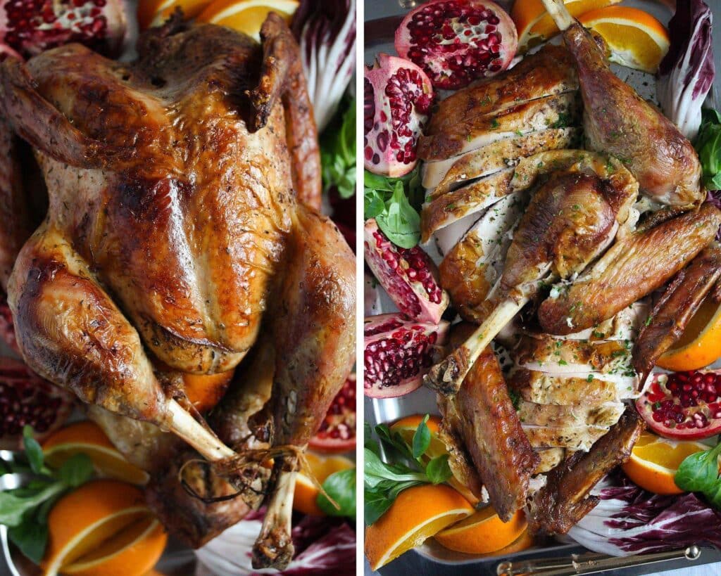 collage of two pictures of whole and carved turkey on a platter