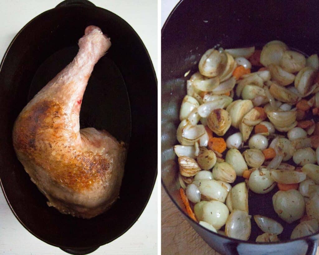 collage of two pictures of a whole turkey leg in a cast-iron pot and then shallots and carrots.