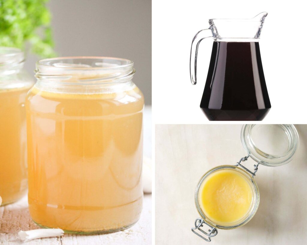collage of three pictures of stock, wine and clarified butter in a jar. 