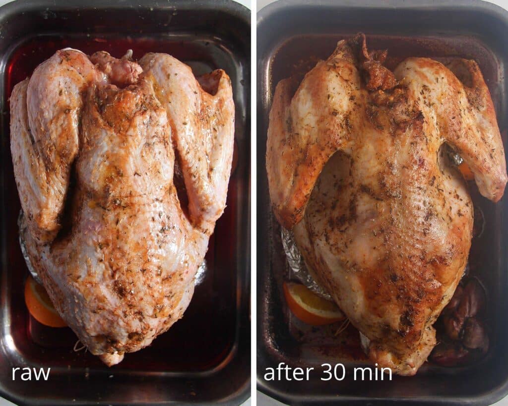 collage of two pictures of stages of roasting turkey