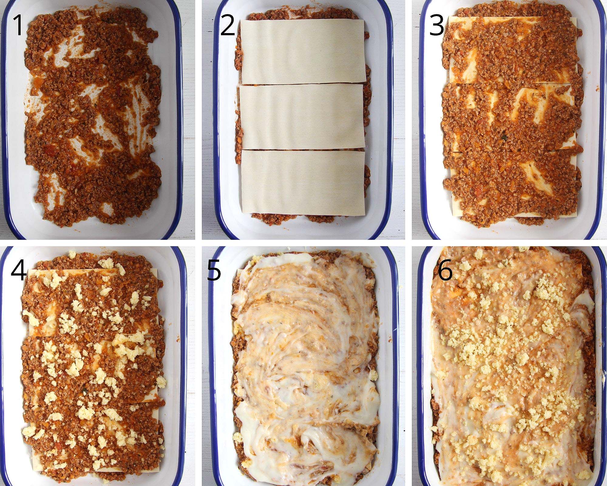 collage of six pictures showing how to assemble lasagne