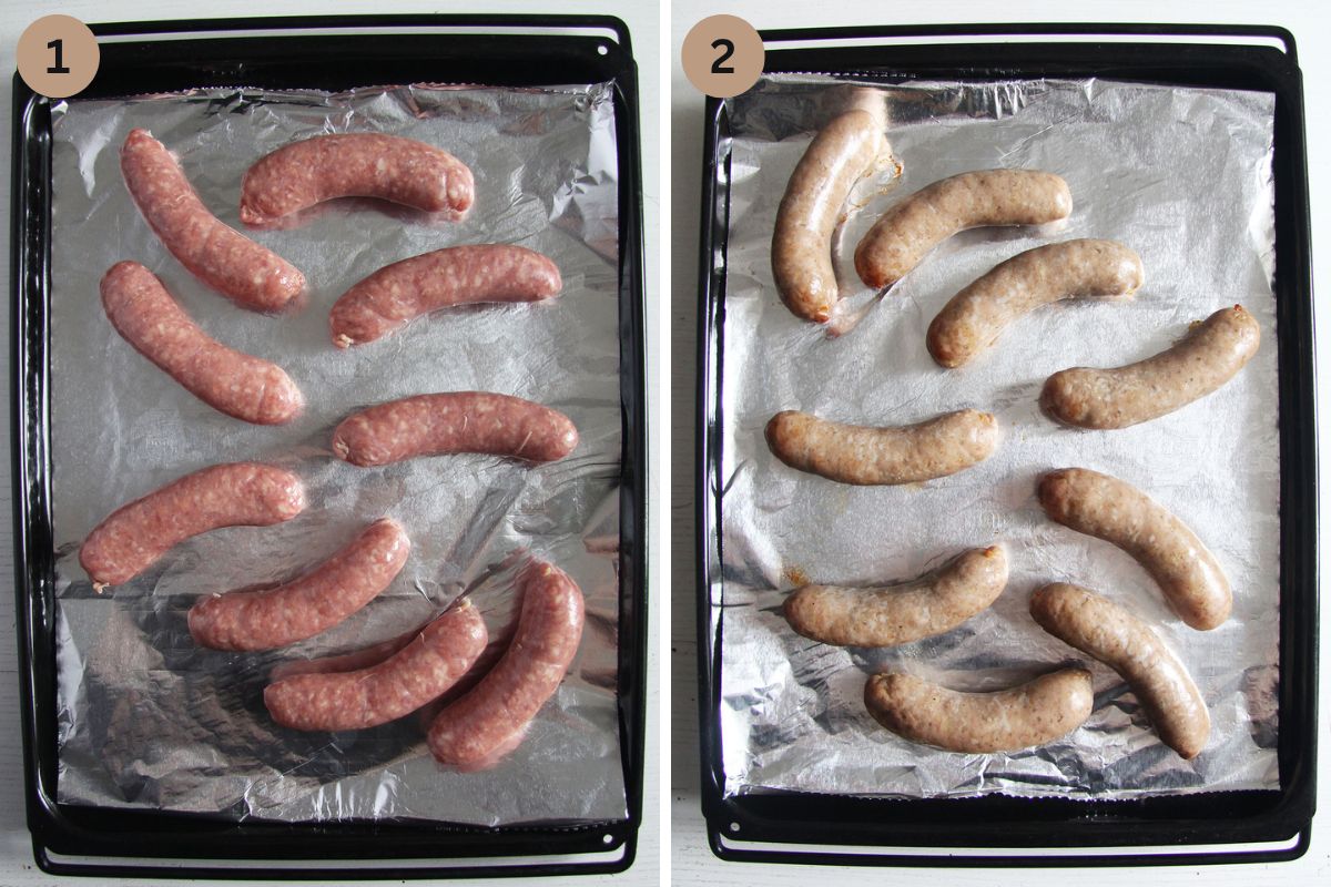 collage of two pictures of brats on a baking sheet before and after half time cooking. 