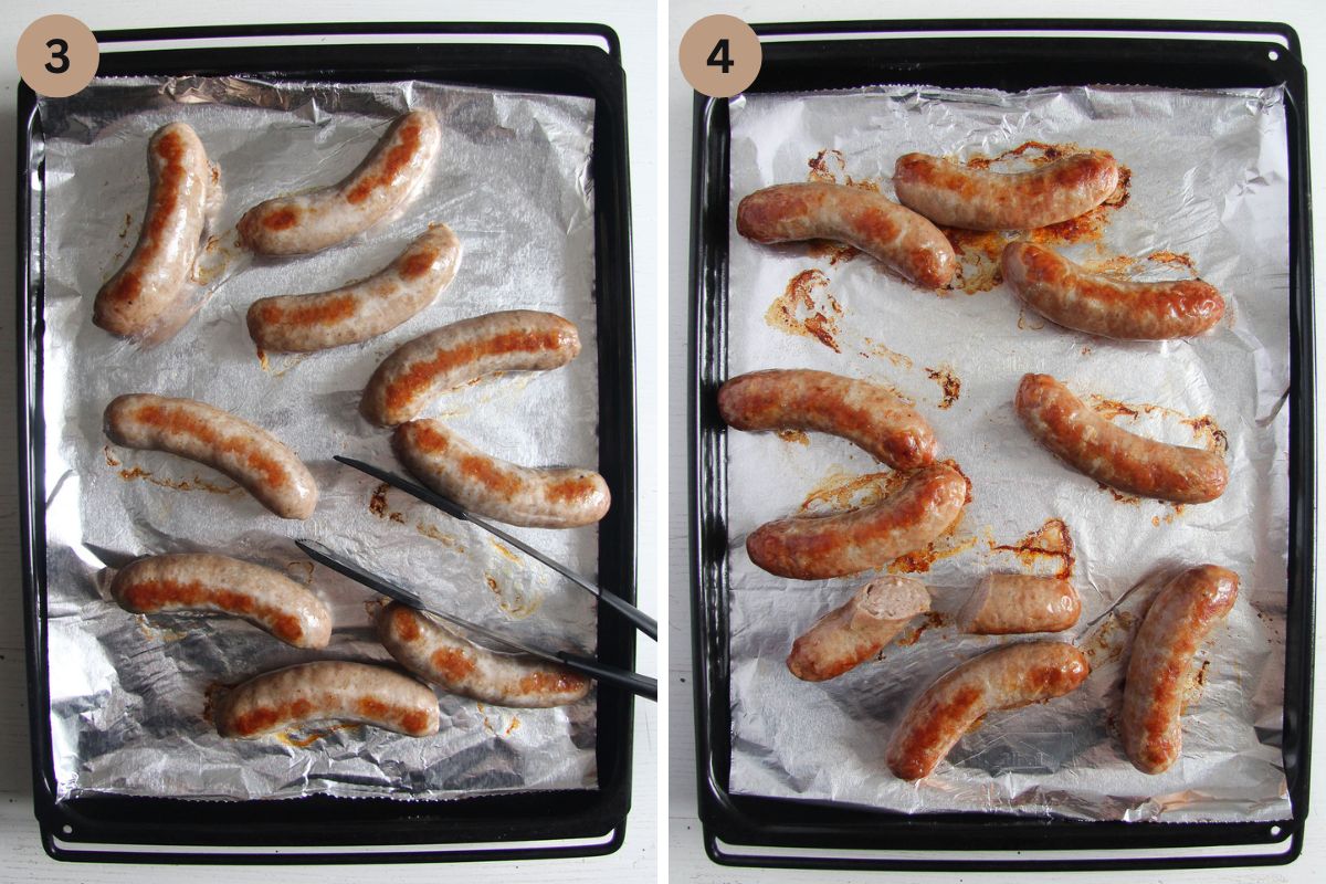 collage of two pictures of bratwurst cooked on a baking sheet lined with foil.