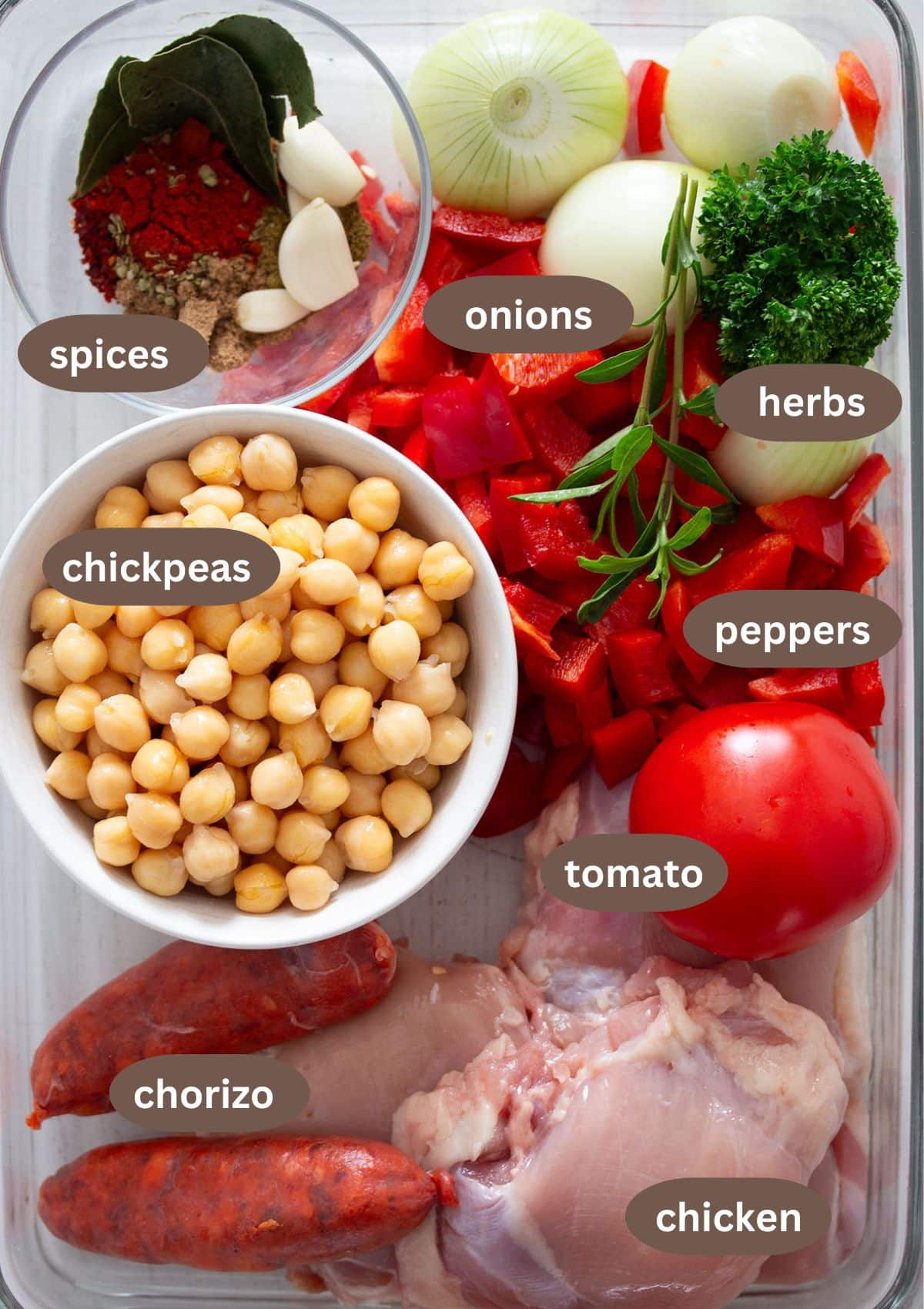 labeled ingredients for making stew with chickpeas, chicken, peppers, onions, chorizo and spices.