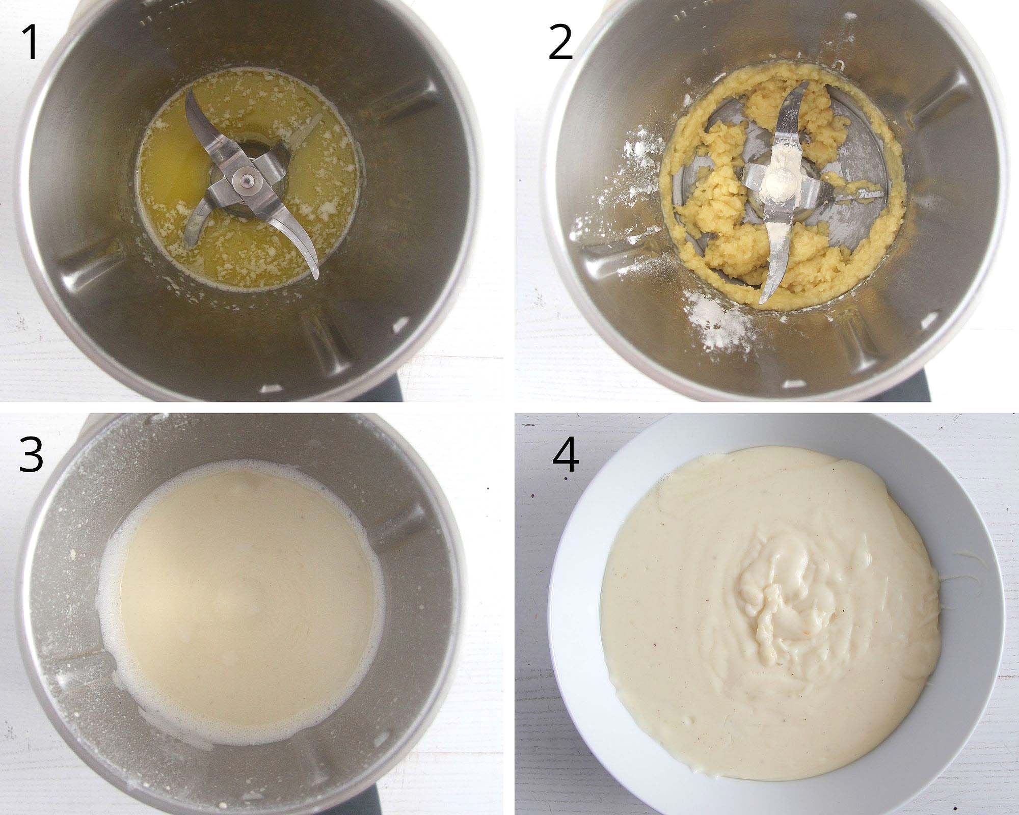 collage of four pictures of making bechamel sauce in the kitchen machine