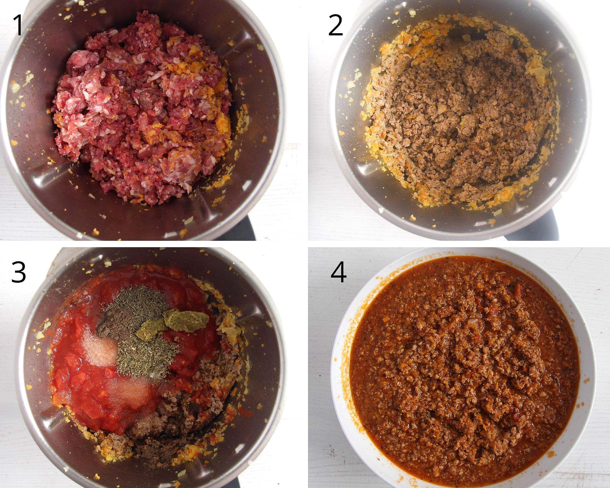 collage of four pictures of cooking meat sauce in thermomix