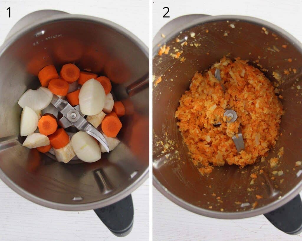 collage of two pictures of cooking vegetables in kitchen machine