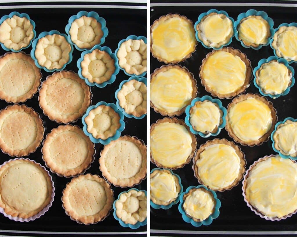 collage of two pictures showing many mini pies being filled with cheese filling