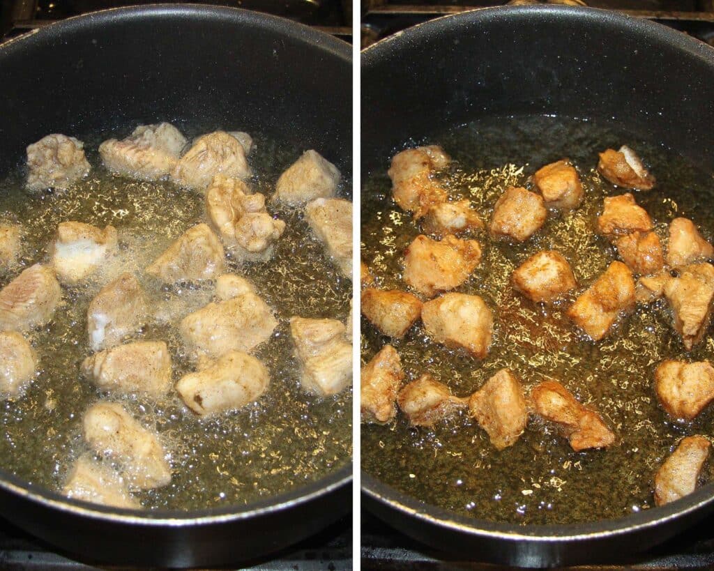 frying meat pieces in hot oil in large saucepan