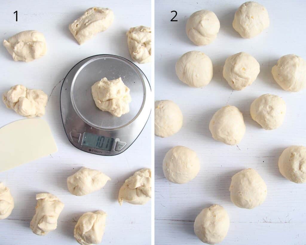 collage of two pictures showing how to shape bread rolls