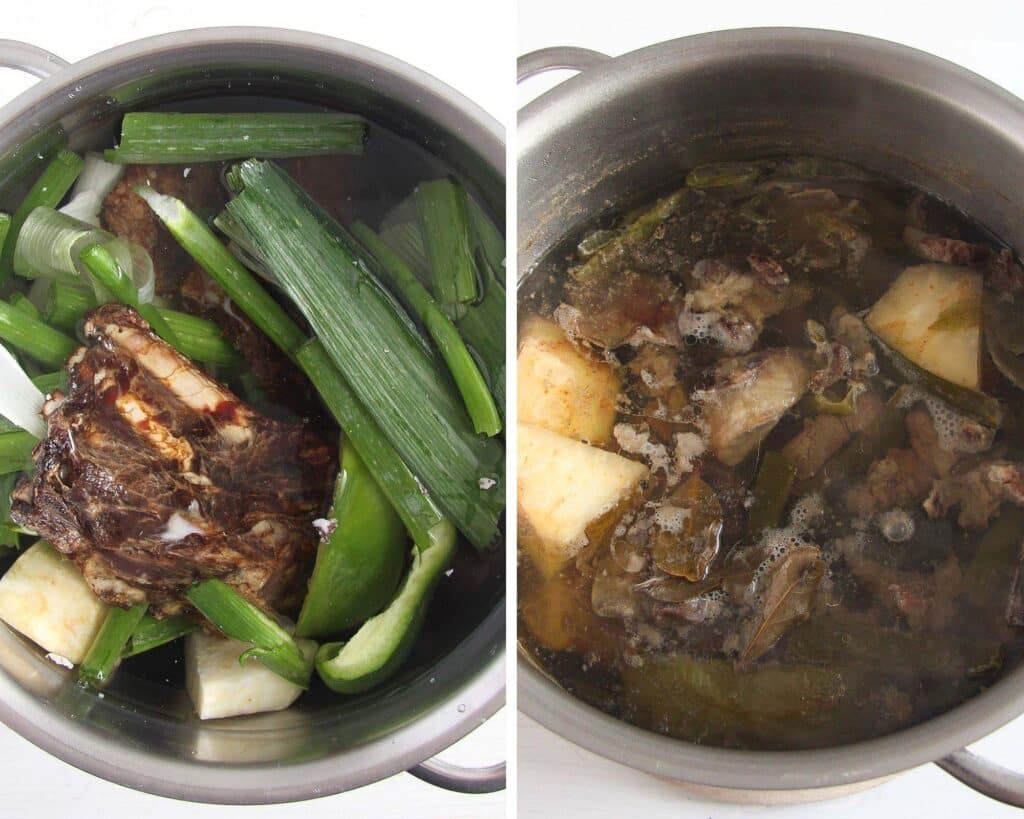 collage of two pictures showing how to cook stock in a large pot