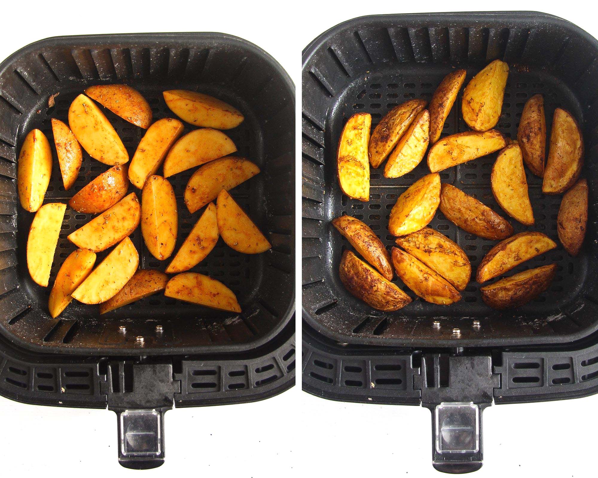 potatoes in the basket of an air fryer before and after cooking
