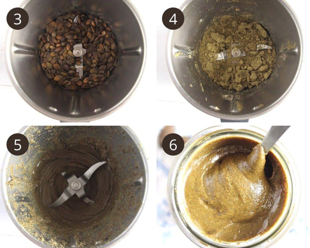 collage of four pictures of processing pumpkin seeds in a food processor.