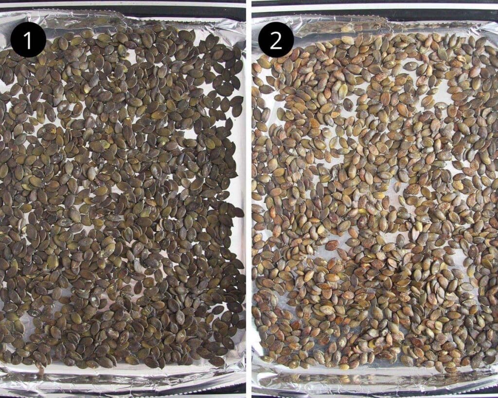 collage of two pictures of pumpkin seeds on a tray before and after roasting.