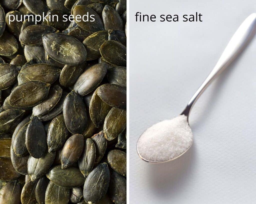 collage of two pictures of pumpkin seeds and a teaspoon of salt.