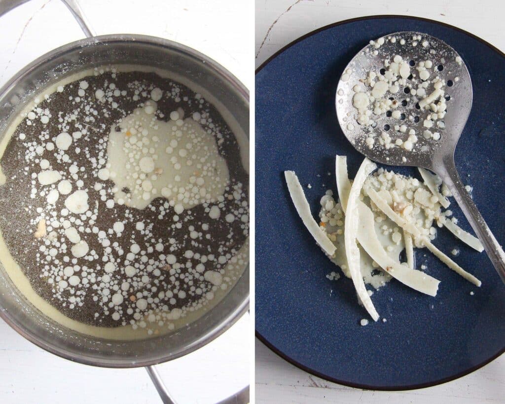 collage of two pictures showing how to remove the fat from stock