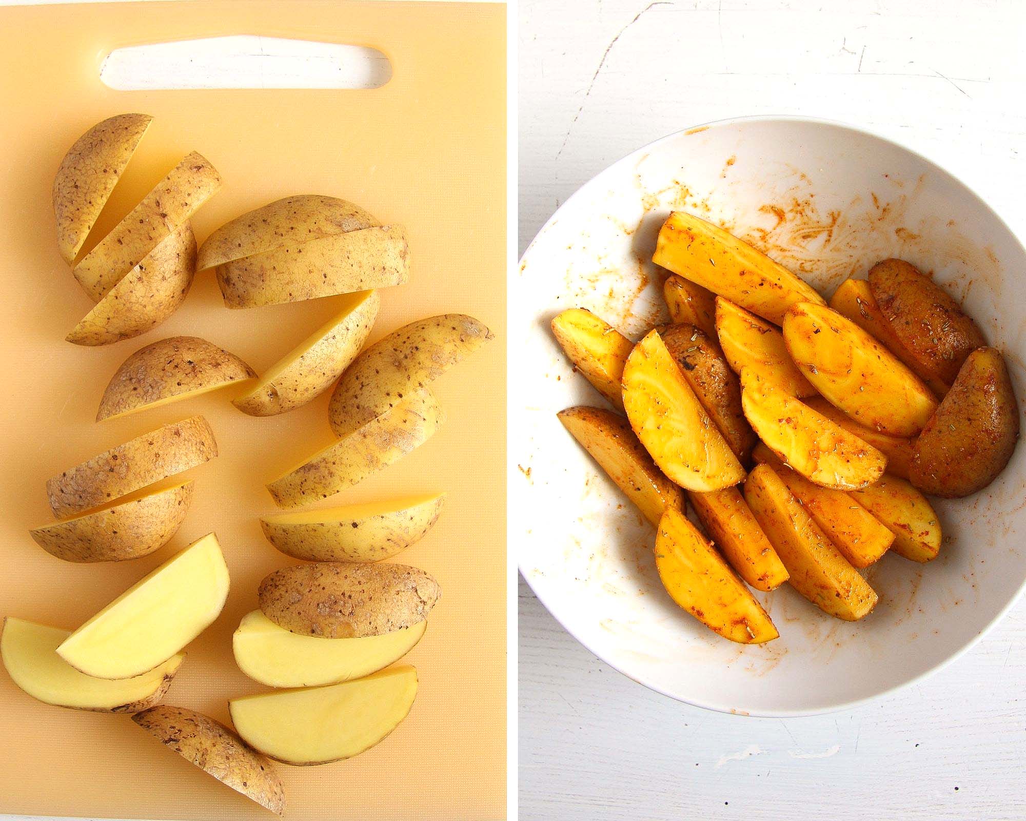 collage of two pictures showing raw and spiced potato wedges
