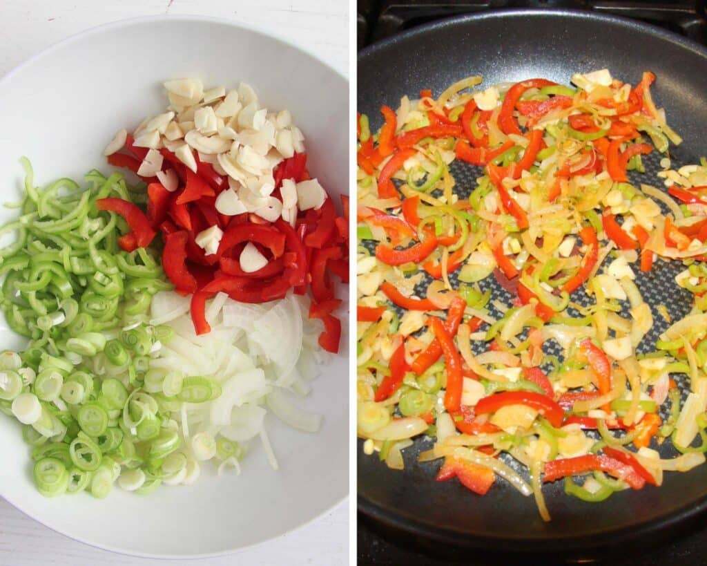 collage of two pictures of stir frying vegetables