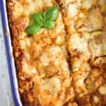 thermomix lasagne in a tin baking dish overhead shot