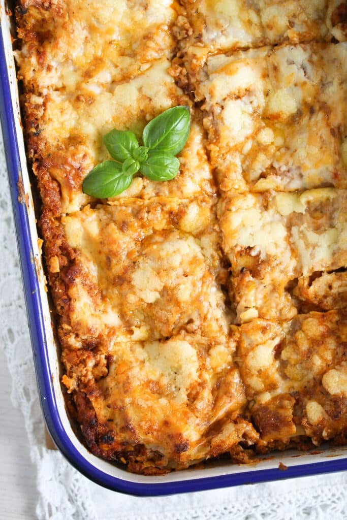 thermomix lasagne in a tin baking dish overhead shot
