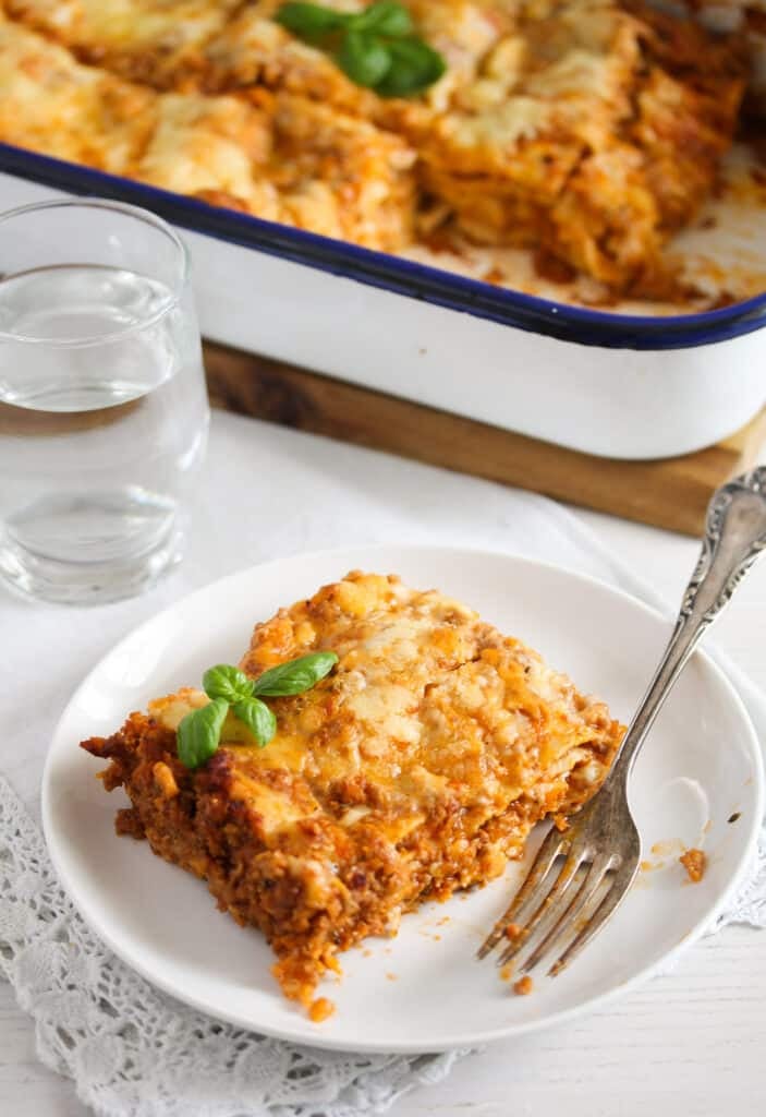 bechamel lasagna piece with meat sauce