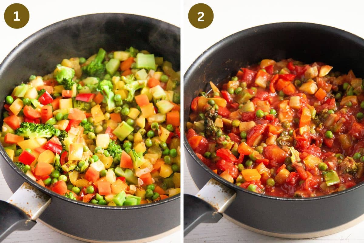 collage of two pictures of a saucepan full of veggies before and after cooking.