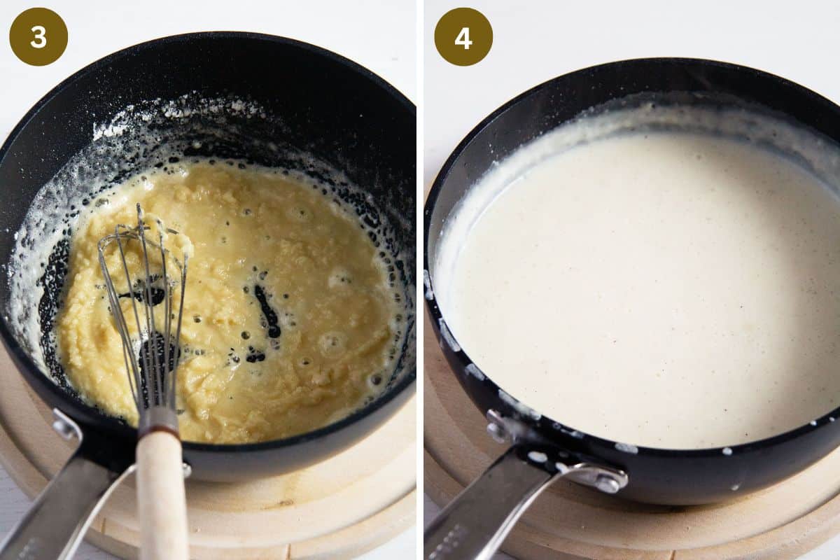 collage of two pictures of making bechamel sauce in a large saucepan.