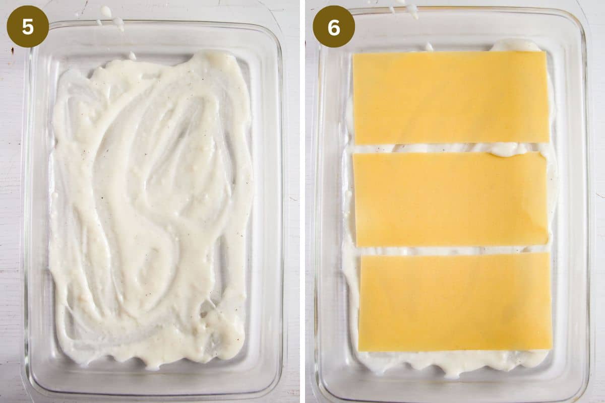 collage of two pictures of layering white sauce and lasagna noodles in a baking dish.