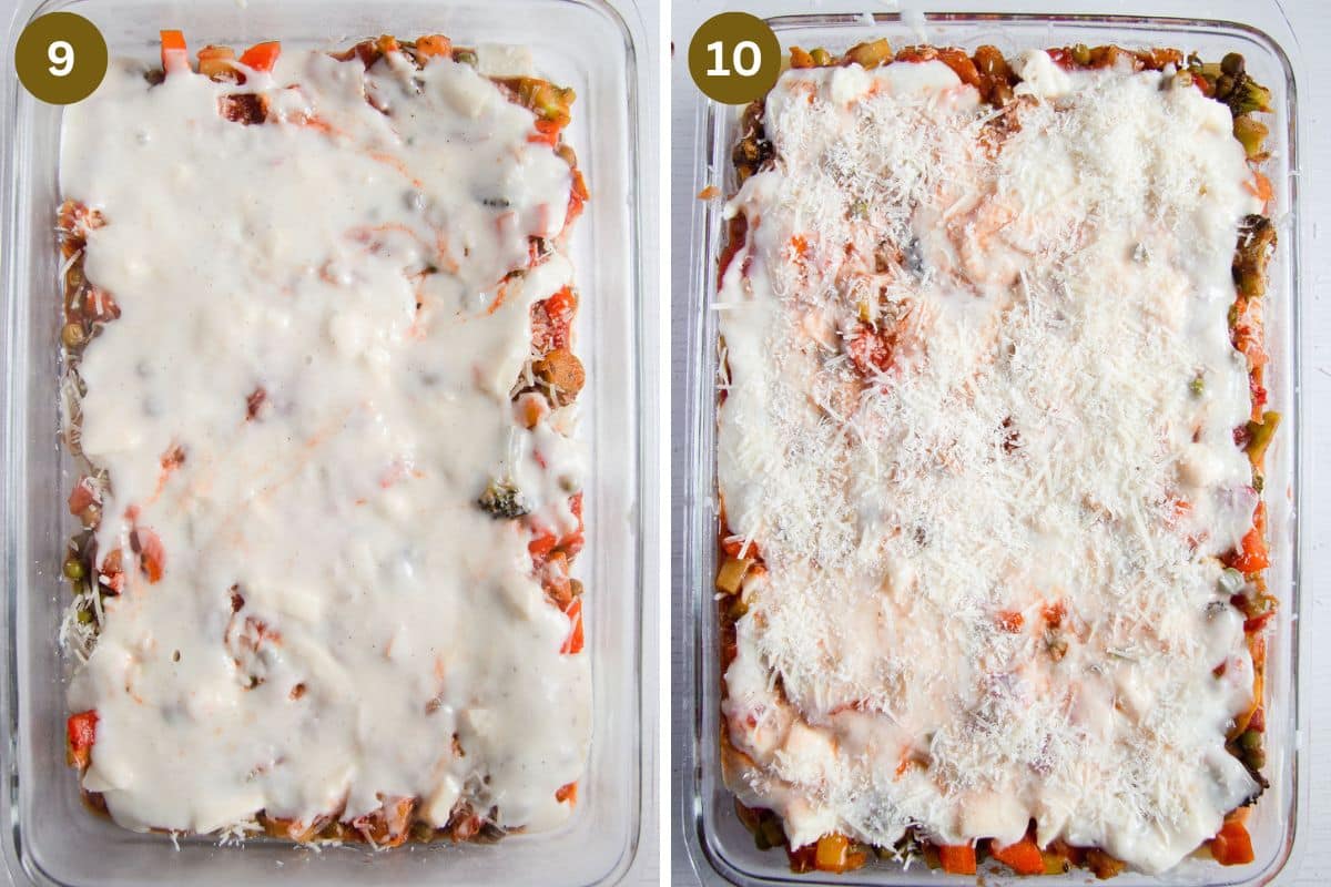 collage of two pictures of layering lasagna with whiet sauce and grated cheese.