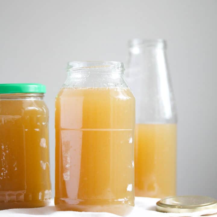bone broth filled in jars and bottles